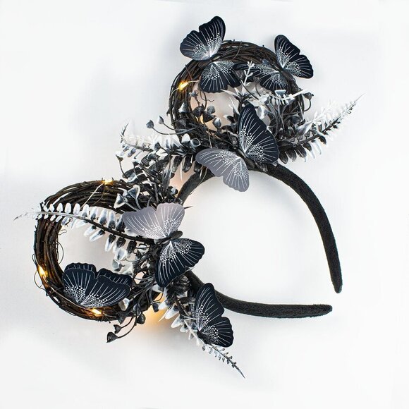 LED Flashing Black Mouse Ear Headband with Butterflies Light Up Woodland Elf